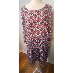 ICHI Caroline Shift‎ Dress Size S Ikat Paisley Print Blue Red 3/4 Sleeve